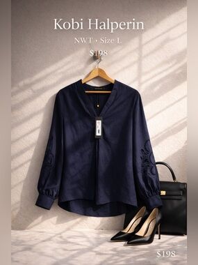 Kobi Halperin Chrissy Blouse Navy Eyelet Sleeve NWT Size L